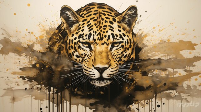 AI illustration of a portrait of a leopard with its head and face covered in paint splatters.