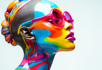 Exotic surrealism fashion art creativity ideas with colorful juicy liquid blending with skin face person model.vibrant color.modern pop art
