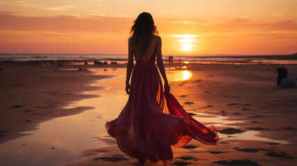 person on the beach at sunset HD 8K wallpaper Stock Photographic Image 