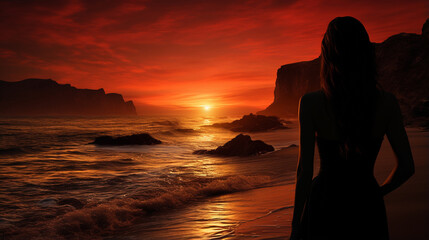 Fototapeta premium silhouette of a person on the beach HD 8K wallpaper Stock Photographic Image 