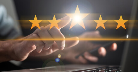 Please rate us banner wtih customer hand give five golden stars 