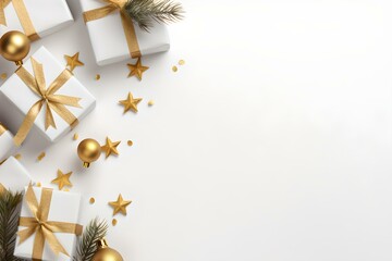 Überblick der Weihnachtsfreude: Goldene Schleifen und Sterne auf Weißen Geschenken