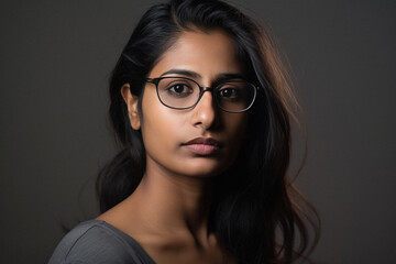 Portrait of a beautiful young indian woman in glasses on a gray background.