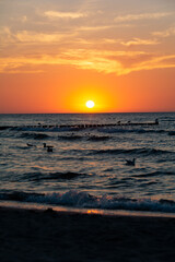 Fototapeta na wymiar Sunset over the sea with breakwater, beach and birds