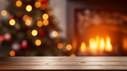 Wood table top with blurry Christmas tree and fireplace background for displaying or mounting your products, space for text