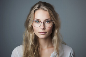 Portrait of a beautiful young woman with long blond hair wearing glasses.