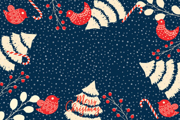 Naklejka premium Hand drawn merry christmas happy holiday vector background with a christmas tree, ethnic birds and candy canes