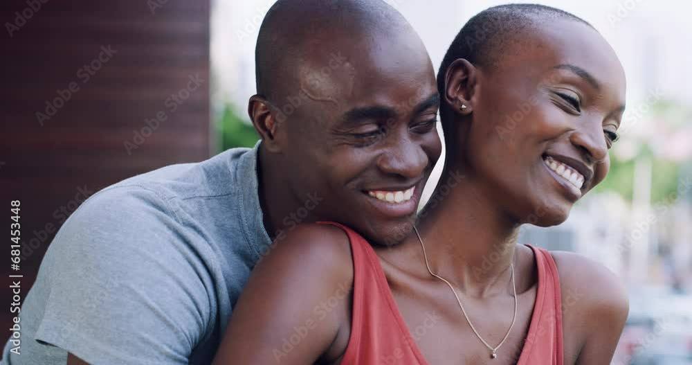 Poster Love, balcony or happy black couple hug in home living room bonding together to relax on holiday. Support, trust or romantic man with an African woman with care, smile or joy in marriage on vacation