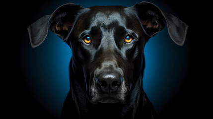 Porträt von einem Hund auf blau-schwarzem Hintergrund. Generiert mit KI