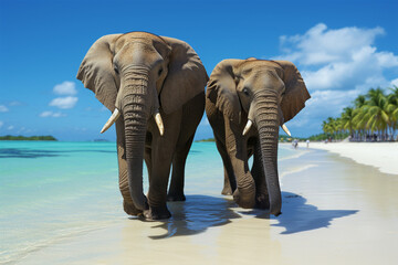 Fototapeta na wymiar Elephants are walking on the beach
