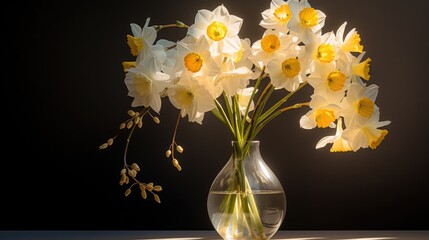A vase filled with white and yellow daffodil flowers.
