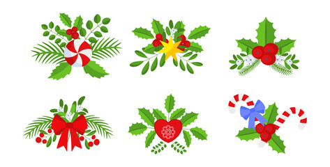 Christmas wreath design element set. Spruce evergreen branch