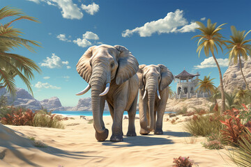 Elephants are walking on the beach