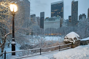 Foto op Plexiglas Gapstow Brug Gapstow Bridge in Central Park, snow storm