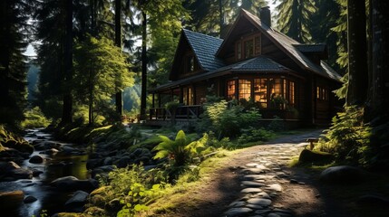 A wooden cabin nestled in the midst of a lush summer