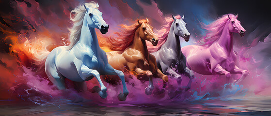 Four horses galloping in a fantastic fantasy landscape. Abstract art watercolor background - obrazy, fototapety, plakaty