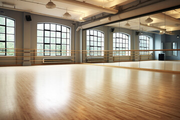 An empty dance studio with wooden floors and large windows. Dance studio mockup.