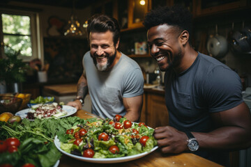 Two happy gay men spend free time together preparing healthy salad in kitchen