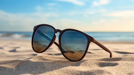 A pair of sunglasses sitting on top of a sandy beach. - Powered by Adobe