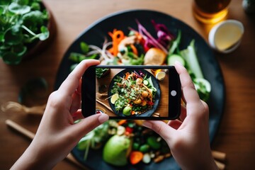 Female blogger takes a photo of a bowl of Asian food on her smartphone. Generative AI