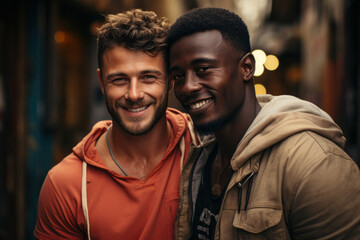 Young handsome multinational gay male couple hugging urban background - obrazy, fototapety, plakaty