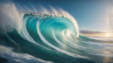 AI illustration of an immense curling wave rolling onto the shore. - obrazy, fototapety, plakaty