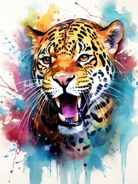 Jaguar in the jungle, wildlife watercolor painting. Generative AI