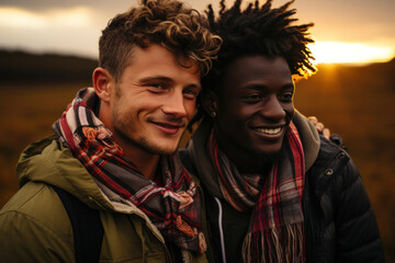 Portrait of handsome multinational gay male couple hugging at nature background