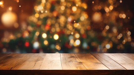Wooden tabletop and blurred Christmas tree background with beautiful bokeh for displaying or mounting your products, Copy space - obrazy, fototapety, plakaty