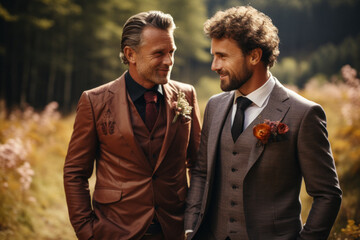 A couple of Caucasian gay grooms on their wedding day against the background of nature