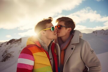 AI illustration of a loving couple embracing while wearing sunglasses on a snowy winter day.