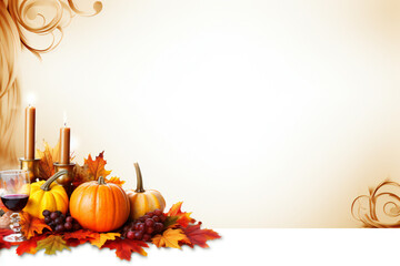 Festive autumn decor of pumpkins, berries and leaves on a white background. Autumn composition. Thanksgiving concept. Copy Space.
