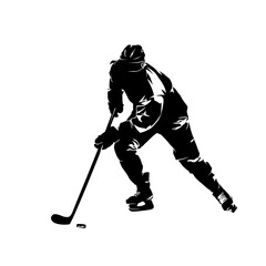Hockey player skating with puck, isolated vector silhouette. Ice hockey