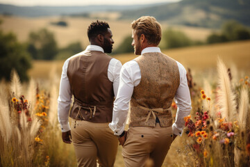 Multinational gay grooms on their wedding day against the background of nature