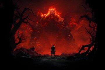 AI illustration of a villainous creature engulfed in flame.