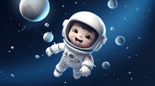 Cute white cartoon astronaut flying in zero gravity