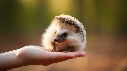 A small hedgehog is being held in someone's hand, AI