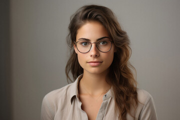 Portrait of a beautiful young woman in glasses on a gray background.