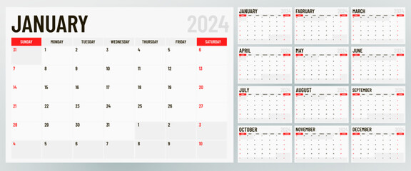 Classic monthly calendar for 2024. Minimalistic style calendar.