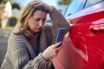 Unhappy Mature Female Driver Taking Photo Of Damage To Car After Accident  On Mobile Phone - obrazy, fototapety, plakaty