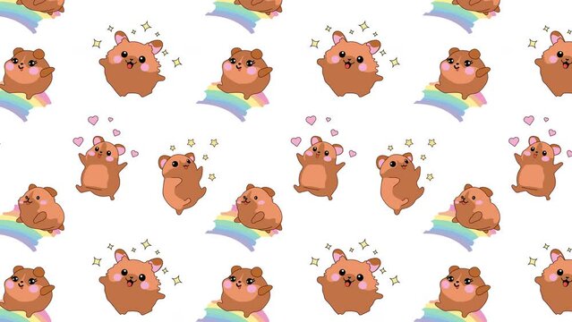 Cute cartoon hamsters kawaii chibi style Loop Background. Video flat cartoon animation design element. 4K video footage 