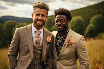 Multinational gay grooms on their wedding day against the background of nature