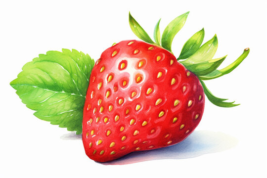 Strawberry with leaf isolated on white background. Watercolour illustration.