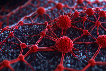Close up influenza virus in blood vessel. Science and medical concept. Micro nucleus of Corona virus cell in human body. 3D illustration - obrazy, fototapety, plakaty