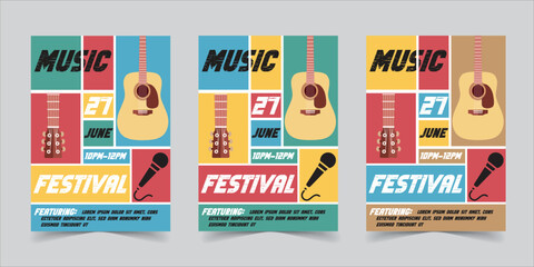 Bold and Vibrant Music Festival Poster Featuring Distressed Textures, Colorful Grid Layout, Acoustic Guitar, Microphone, and Key Event Details for Concert and Promotional Branding