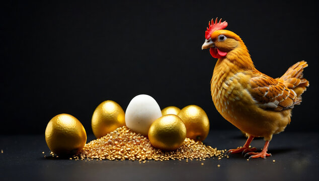 A golden chicken lays golden eggs and a white one.