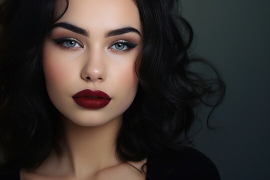 Studio glamour headshot of a woman with dark red lips makeup