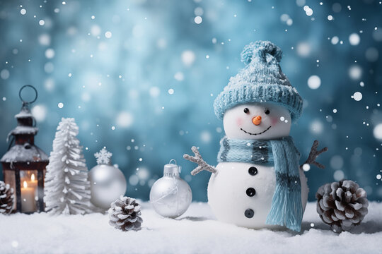Winter theme background with snowman, pine tree and snow flakes. Christmas, new year, winter season
