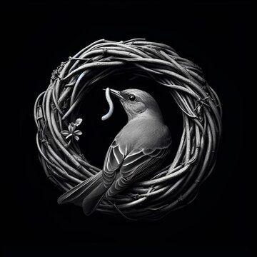 AI generated illustration of a bird perched on a nest, with a worm in its beak in grayscale