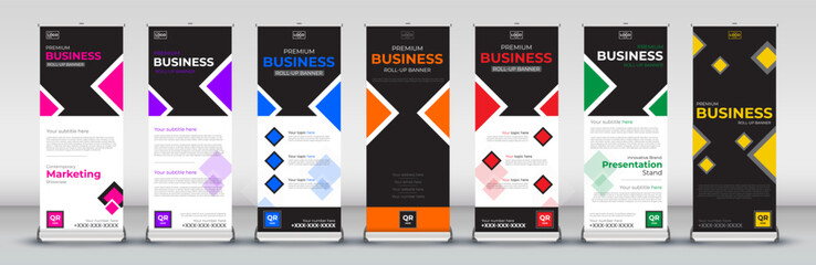 Abstract roll up Banner Design set for signboard Advertising Template standee X banner for Street Business in red, green, blue, yellow, orange, purple, orange   